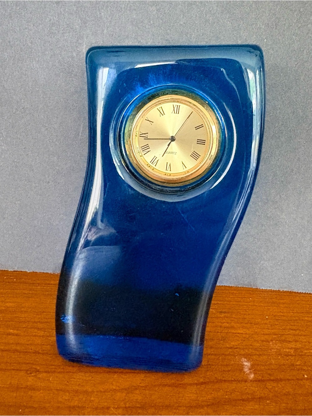Blue Glass Desk Clock with Gold-Tone Face Vintage Desk Clock